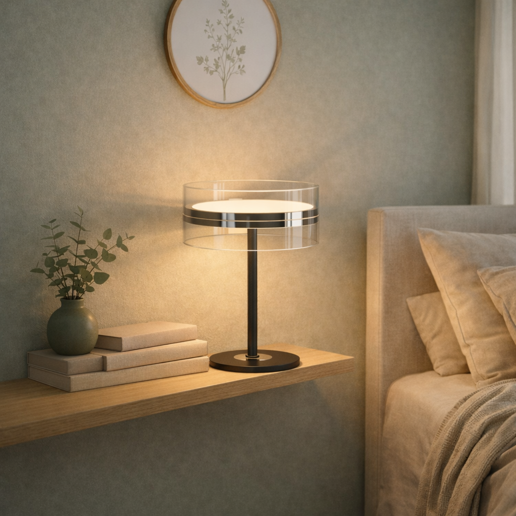 Black Chrome Metal Table Lamp Modern Glass Shade